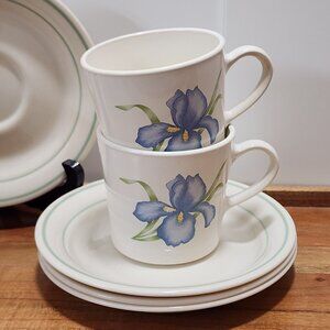 4 Corning IRIS Coffee Cup & Saucer sets 3" Corner stone line blue floral 1980s